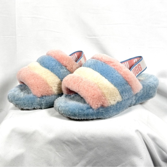 UGG Fluff Yeah Slide Rainbow Shearling Sandals Pastel Cozycore Size 9 - Picture 3 of 10